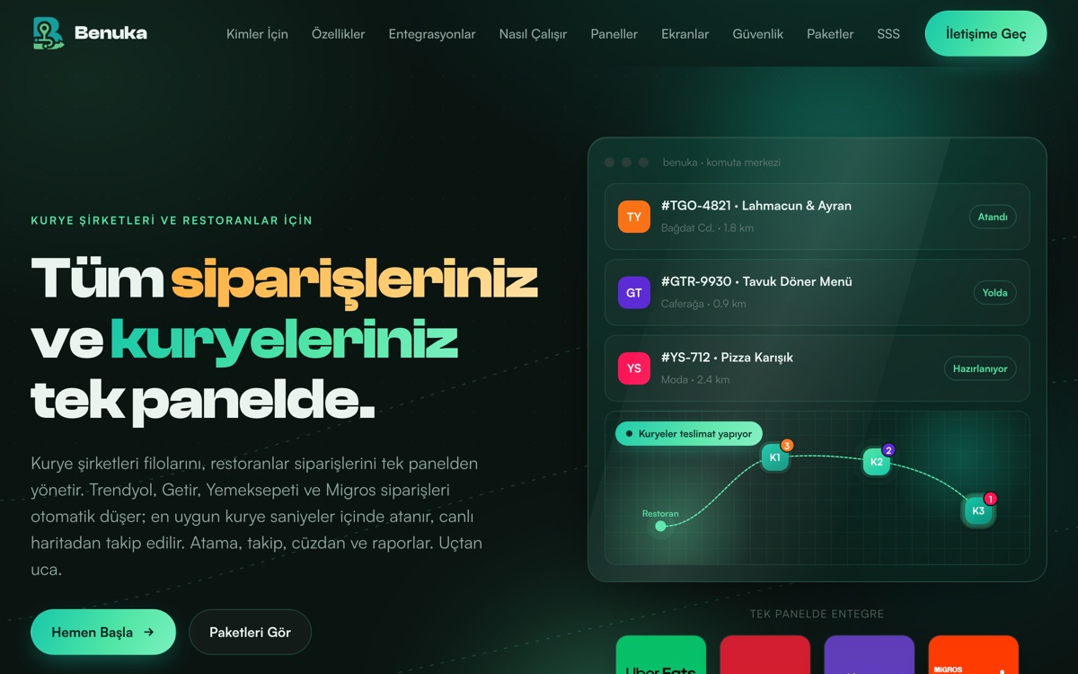 Benuka komuta merkezi: gelen siparişler, kurye atama durumları ve canlı teslimat haritası.