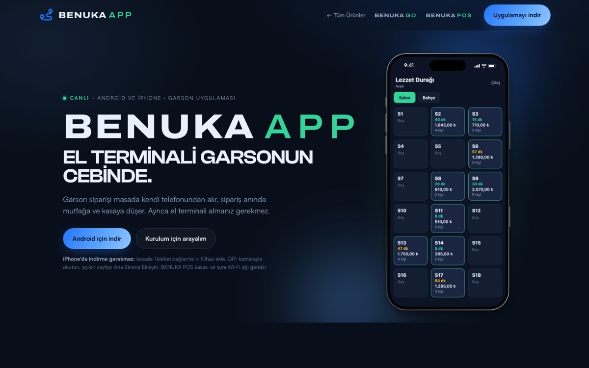 BENUKA APP tanıtım sayfası: El terminali garsonun cebinde başlığı ve garson uygulamasının masa ekranı.