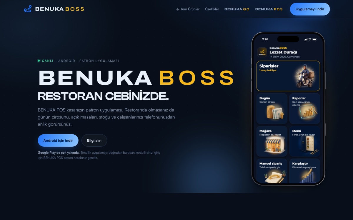 BENUKA BOSS tanıtım sayfası: Restoran cebinizde başlığı ve patron uygulamasının ana ekranı.