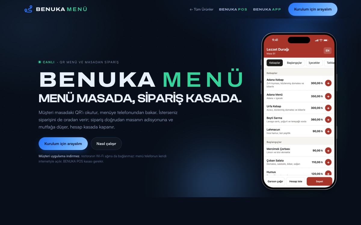 BENUKA MENÜ tanıtım sayfası: Menü masada, sipariş kasada başlığı ve telefondaki QR menü.